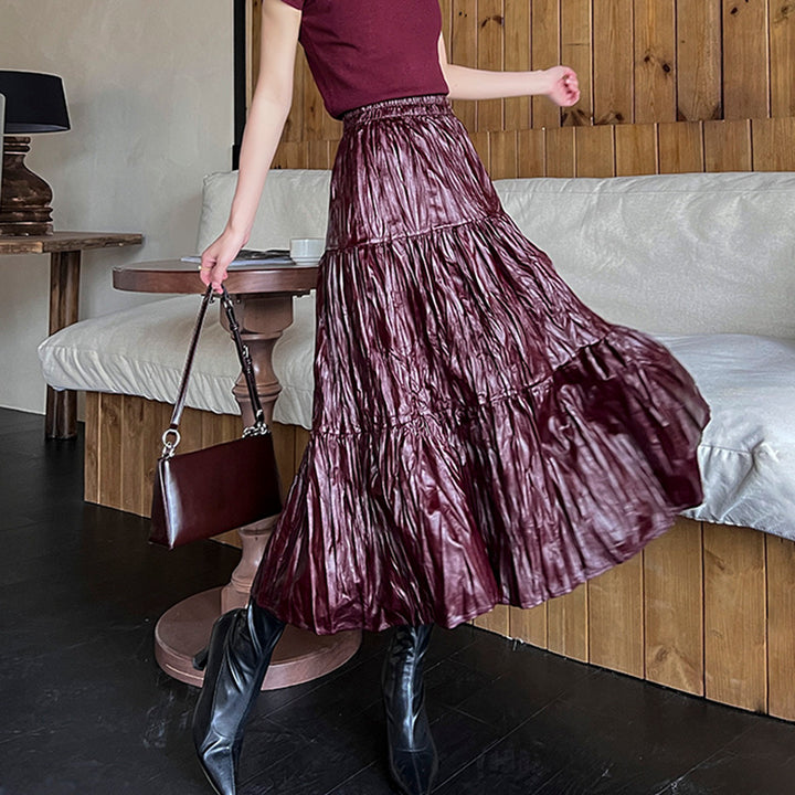 Damen nan stufiger Maxirock aus beschichtetem Crinkle-Material mit elastischem Komfortbund Drune