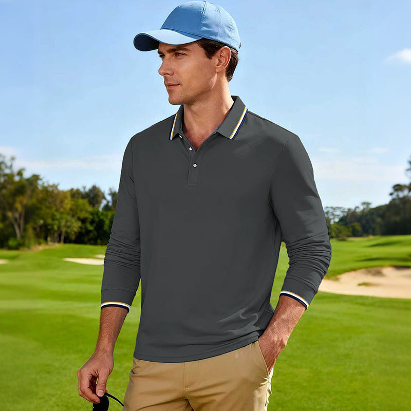 Herren Golf-Performance-Poloshirt langärmlig atmungsaktiv mit Kontrastkragen Drune