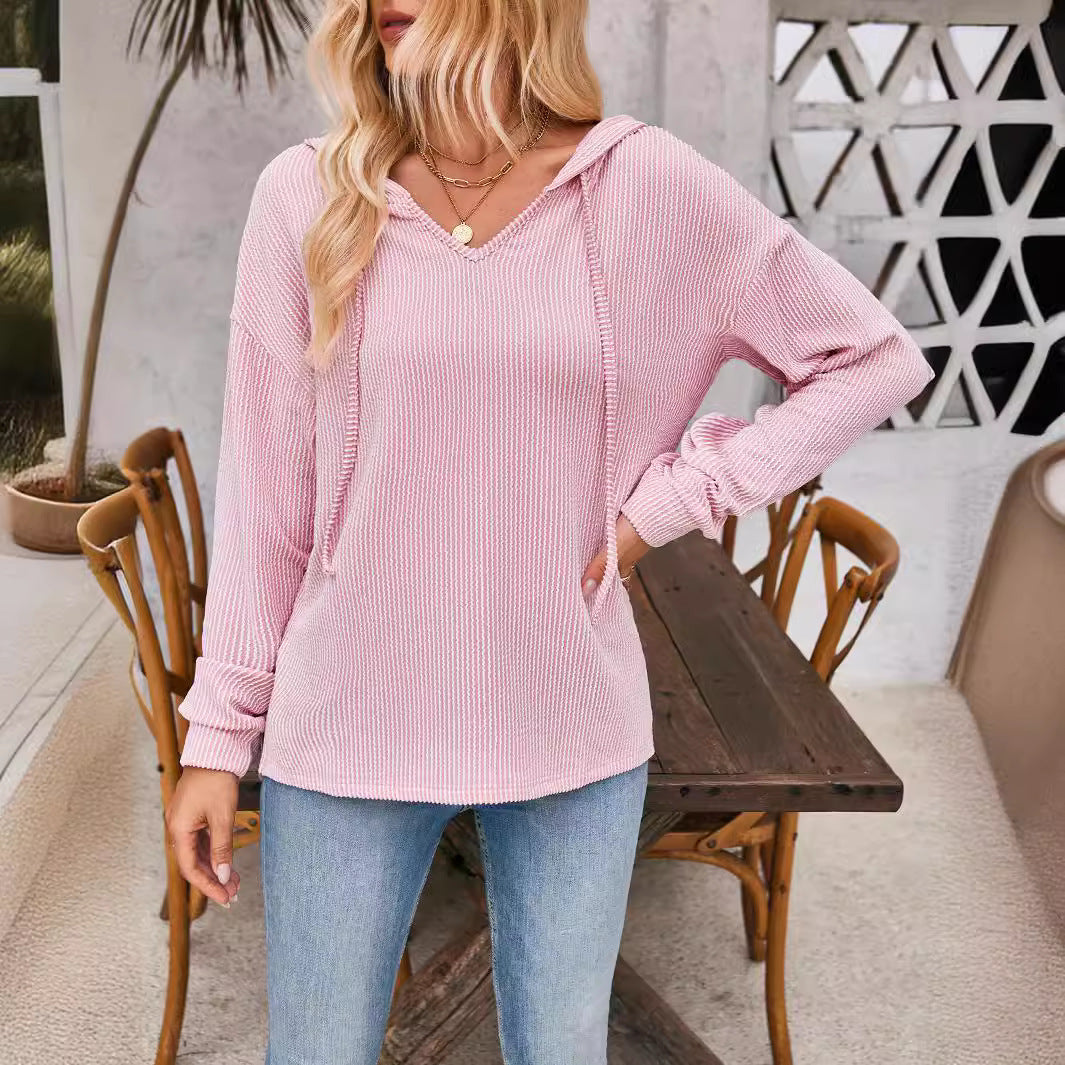 Damen lässiger Sweater mit V-Ausschnitt und Kordelzug Drune