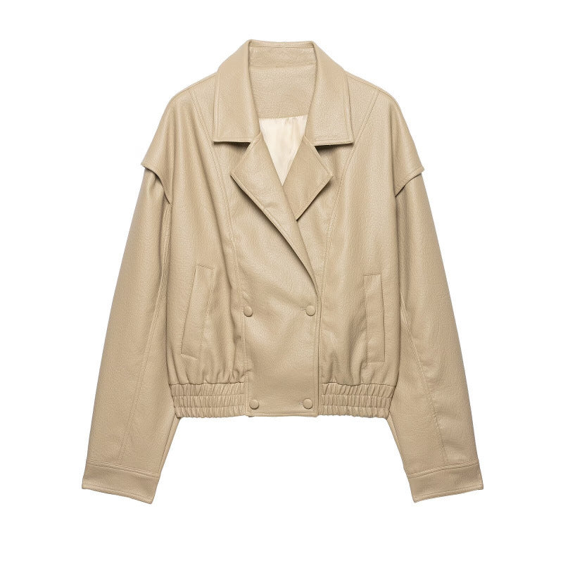 Damen Cropped Lederimitat-Blouson mit doppelreihiger Knopfleiste, weitem Revers und elastischem Saum Drune