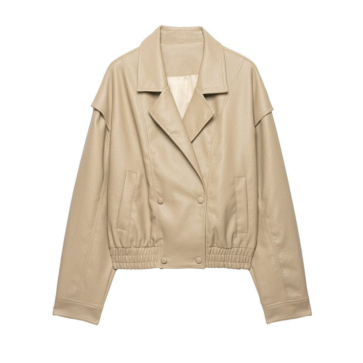 Damen Cropped Lederimitat-Blouson mit doppelreihiger Knopfleiste, weitem Revers und elastischem Saum Drune