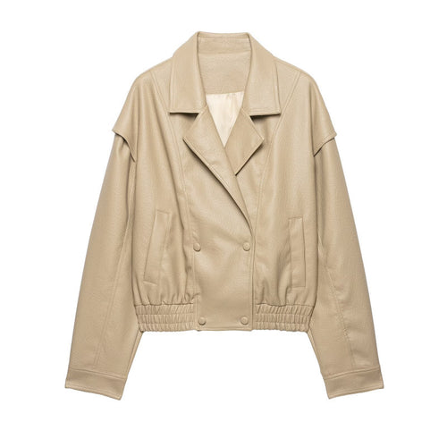 Damen Cropped Lederimitat-Blouson mit doppelreihiger Knopfleiste, weitem Revers und elastischem Saum Drune