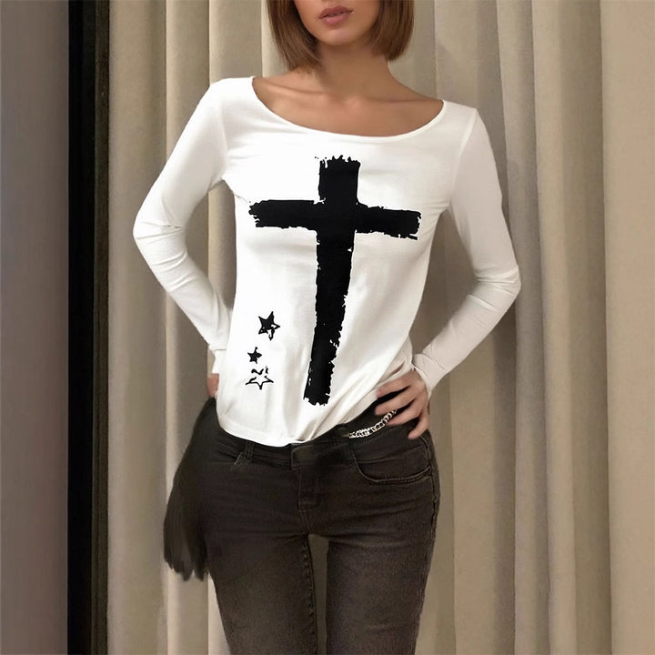 Damen Langarm-T-Shirt mit kreativem Motiv und Rundhalsausschnitt Drune