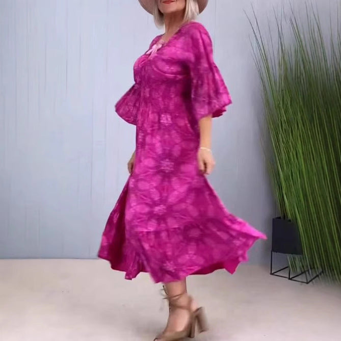 Damen nan fließendes Kaftan-Midikleid mit V-Ausschnitt, lockerer Silhouette, Stufenrock und dreiviertel-Ärmeln Drune