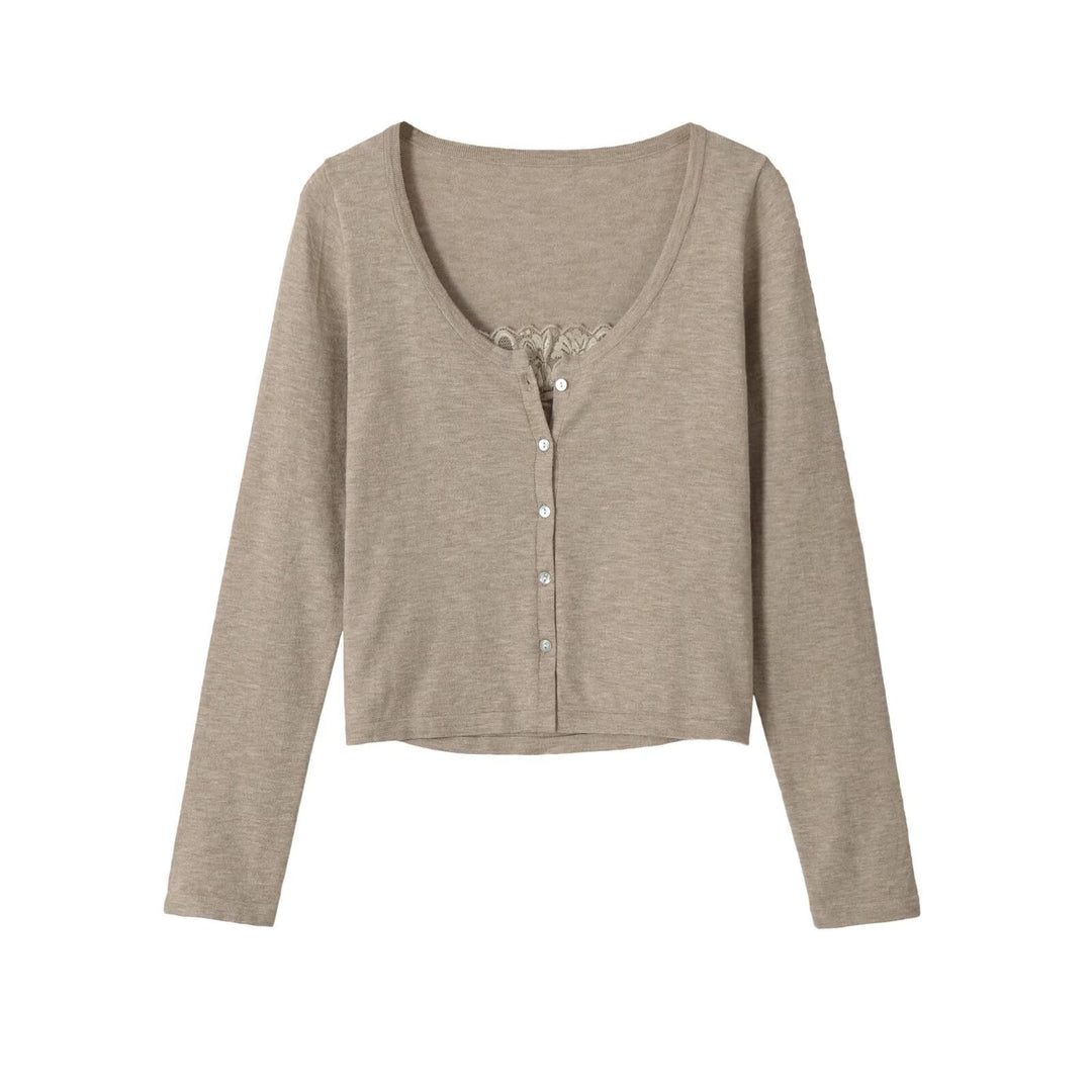 Damen Feinstrick-Cardigan mit Spitzen-Einsatz und durchgehender Knopfleiste Drune