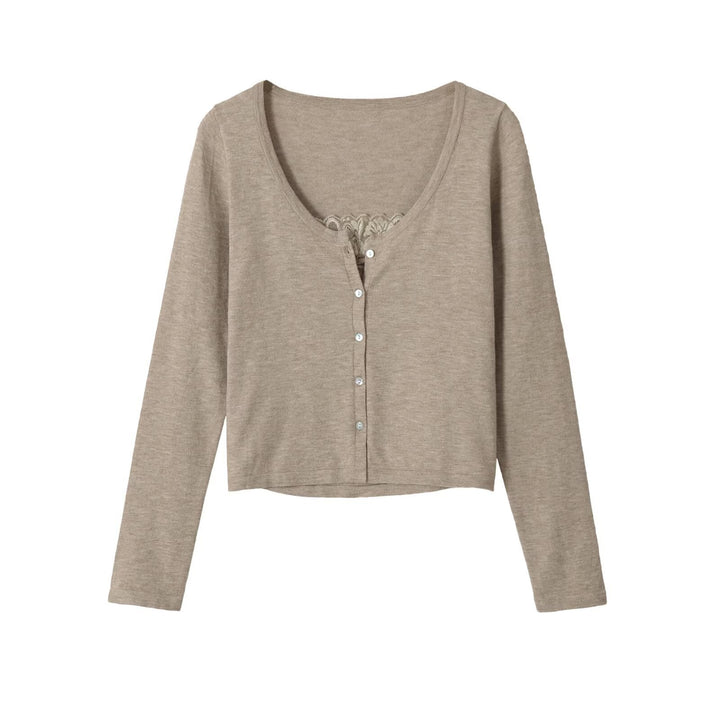 Damen Feinstrick-Cardigan mit Spitzen-Einsatz und durchgehender Knopfleiste Drune