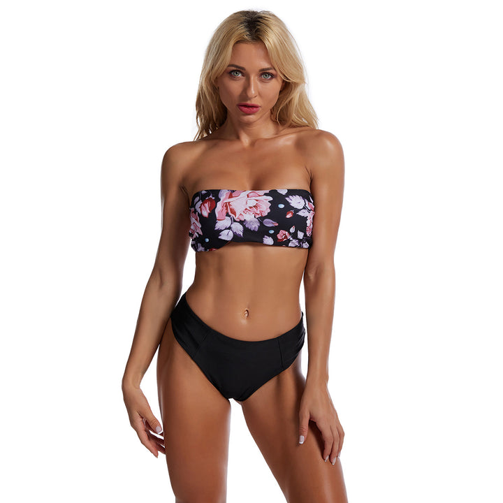 Damen Bandeau-Bikini mit floralem Oberteil und hohem Bund Drune