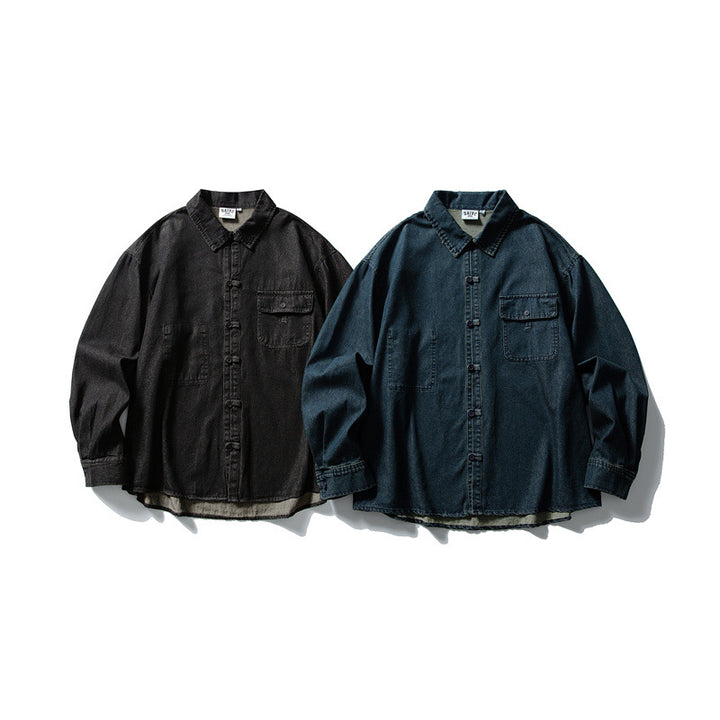 Herren Oversized Denim‑Hemdjacke mit traditionellen Knotenknöpfen Drune