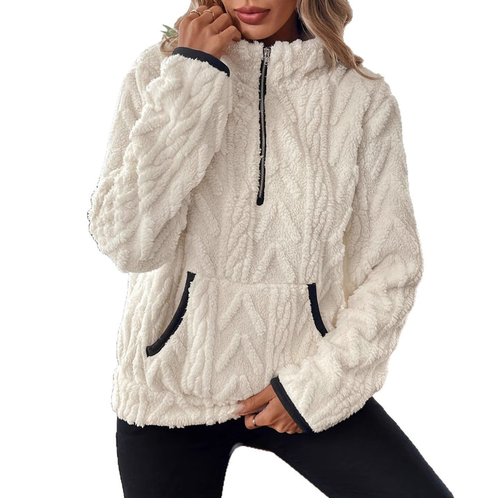 Damen gemütlicher Fleece-Pullover mit halbem Reißverschluss und Kängurutasche Drune