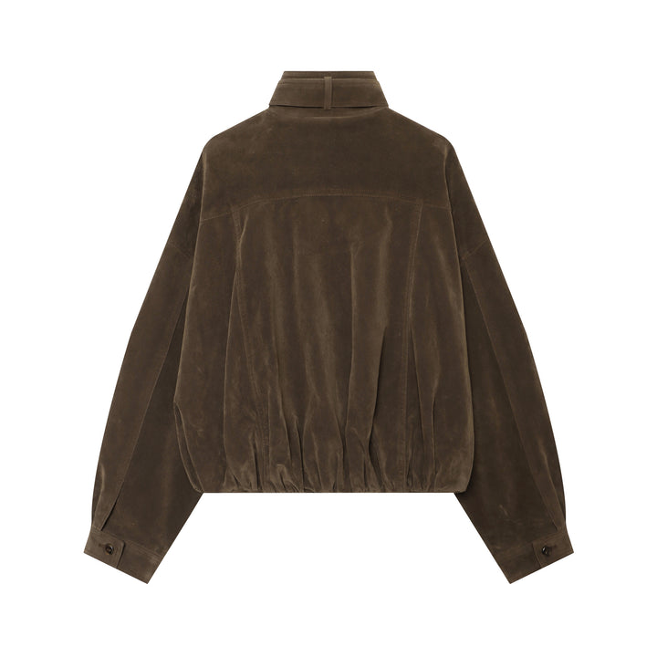 Damen nan kastiger Cropped Veloursleder-Blouson mit Stehkragen und diagonalem Reißverschlusstaschen-Detail Drune