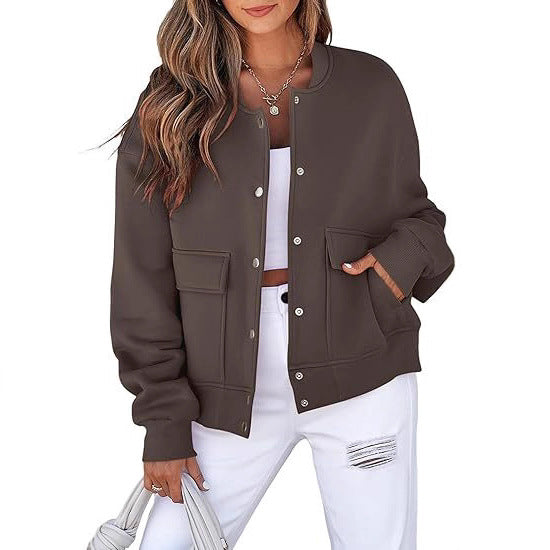 Damen Oversized Bomberjacke aus French Terry mit Druckknopf und aufgesetzten Taschen Drune