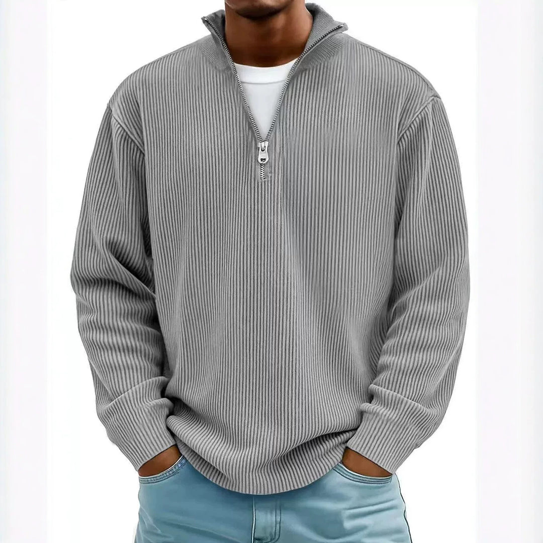 Herren gerippter Strickpullover mit Halbreißverschluss und Stehkragen Drune