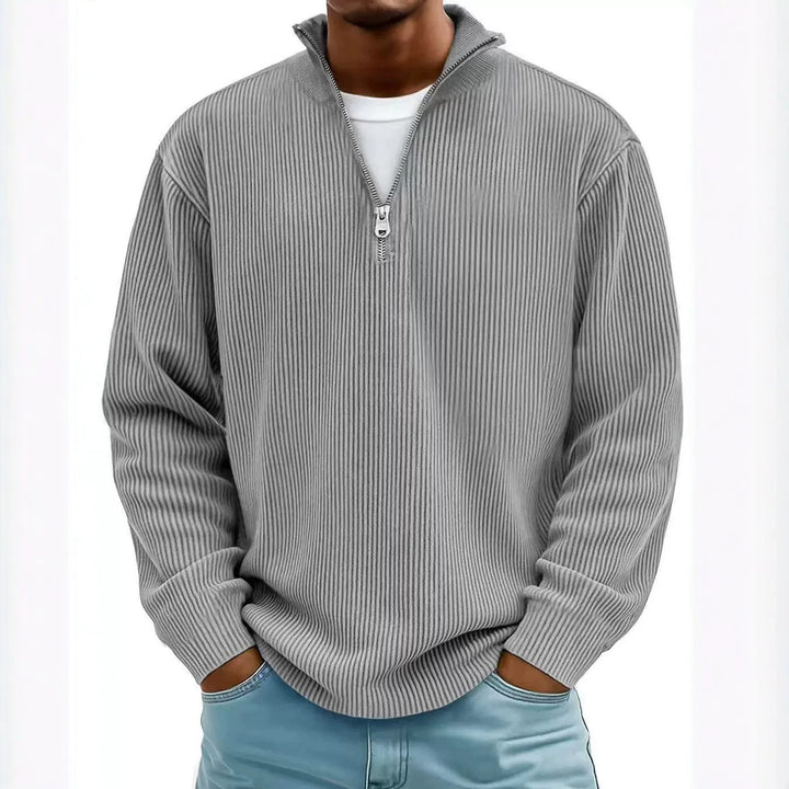 Herren gerippter Strickpullover mit Halbreißverschluss und Stehkragen Drune