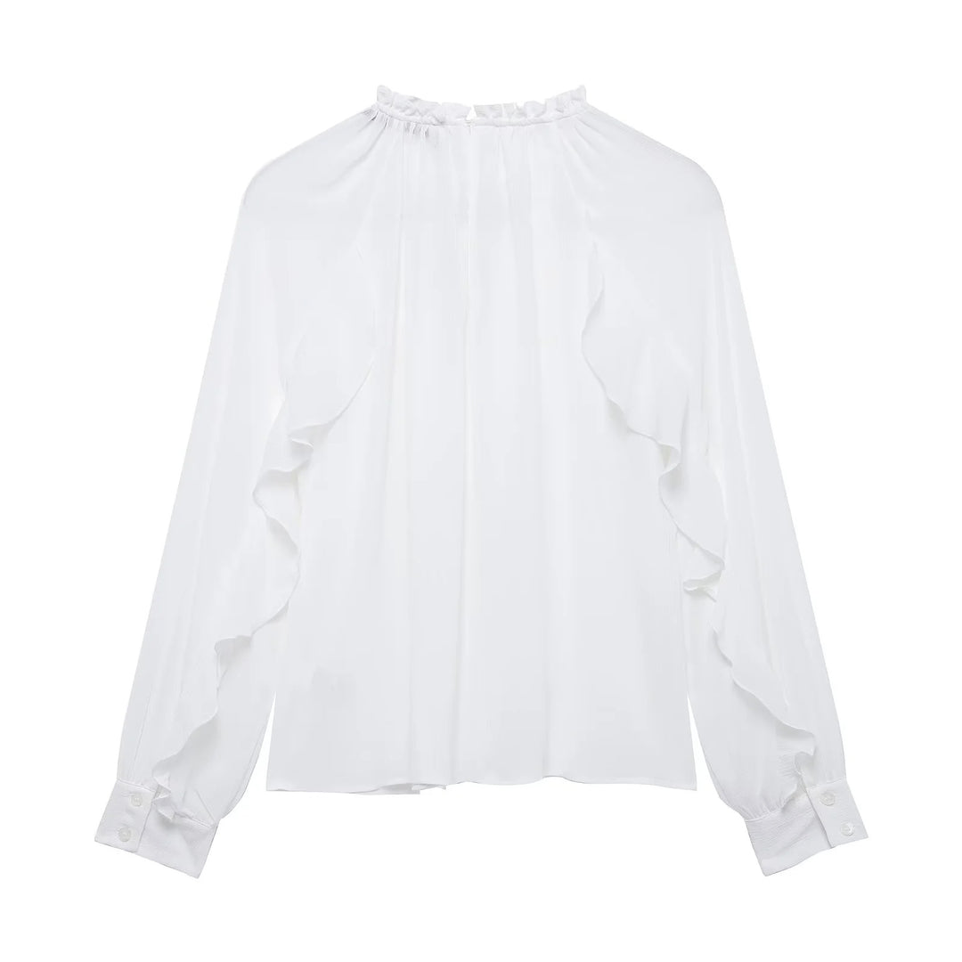Damen nan romantische Chiffonbluse mit gerafftem Stehkragen, durchgehenden Volants und ballonförmigen Ärmeln Drune