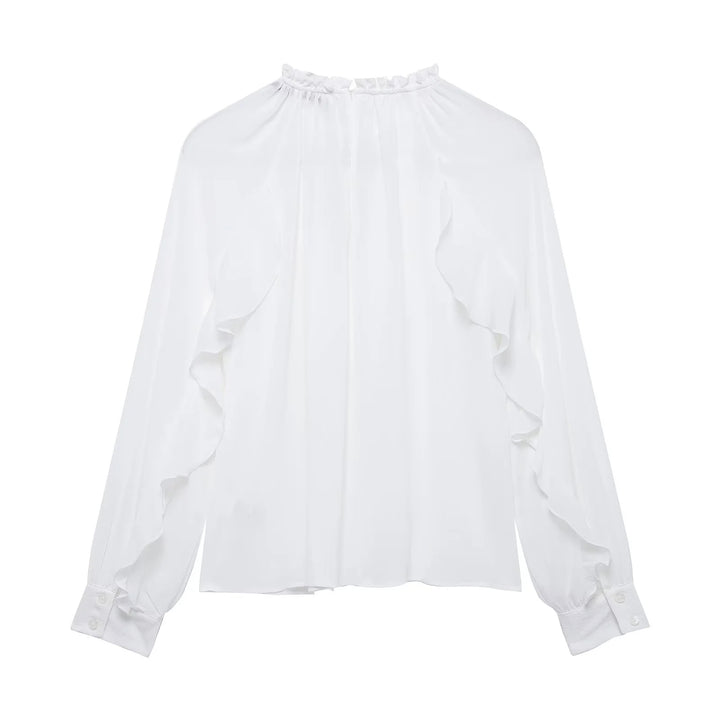 Damen nan romantische Chiffonbluse mit gerafftem Stehkragen, durchgehenden Volants und ballonförmigen Ärmeln Drune