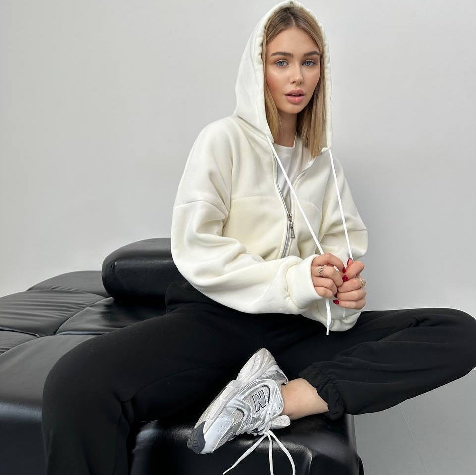 Damen minimalistisches Sculpt-Fit Lounge-Set mit tailliertem Reißverschluss-Hoodie und formender High-Waist-Jogpant Drune