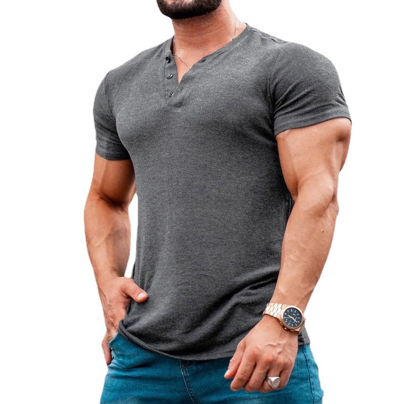Herren nan muskelbetontes Kurzarmshirt mit Knopfleiste und V-Ausschnitt aus Baumwollstretch Drune