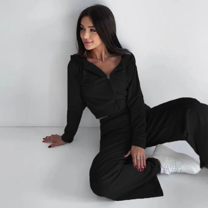 Damen kurz geschnittenes Samt-Lounge-Set mit tailliertem Zip-Hoodie und fließender Highwaist-Palazzohose Drune
