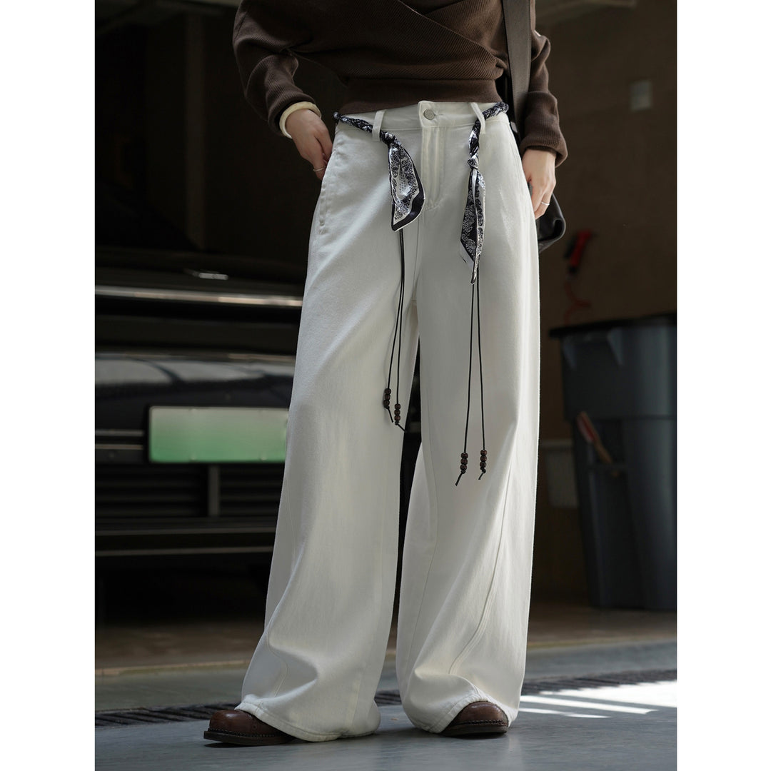 Damen Weite High‑Waist Denim-Baggyhose mit Bandana‑Schnürung und Perlenbändern Drune