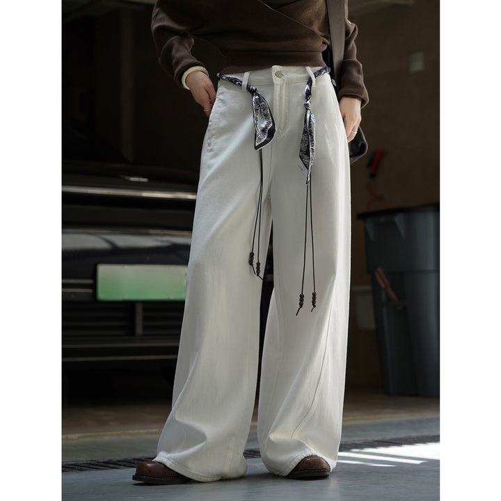 Damen Weite High‑Waist Denim-Baggyhose mit Bandana‑Schnürung und Perlenbändern Drune