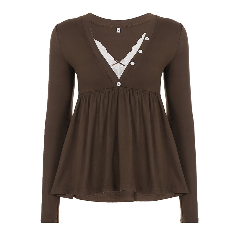 Damen Babydoll-Longsleeve mit Spitzen‑Einsatz, V‑Ausschnitt und Knopfdetail Drune