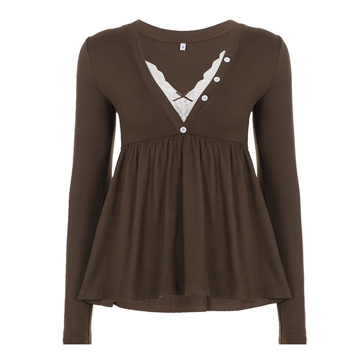 Damen Babydoll-Longsleeve mit Spitzen‑Einsatz, V‑Ausschnitt und Knopfdetail Drune