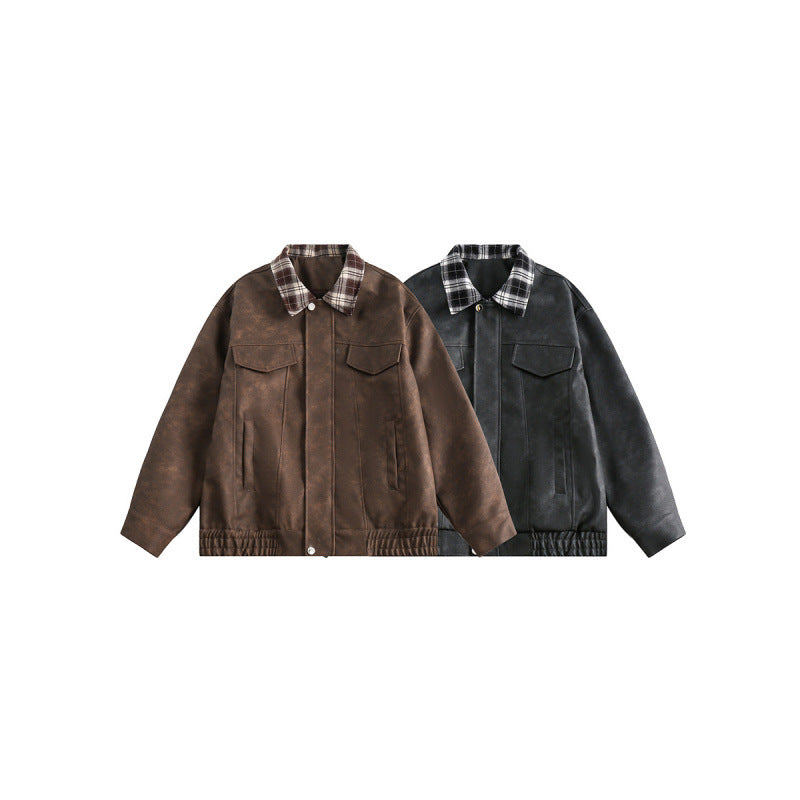 Herren Velourslederoptik Bomberjacke mit kariertem Hemdkragen, Pattentaschen und elastischem Saum Drune