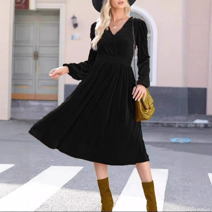 Damen Midikleid aus Samt mit V-Ausschnitt, geraffter Smock-Taille und langen Ballonärmeln Drune
