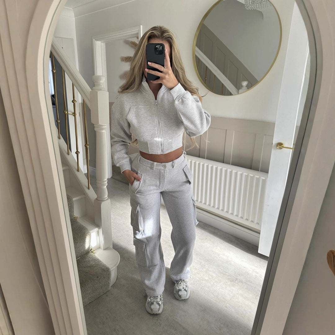 Damen modisches cropped Freizeit-Set mit funktionalem Reißverschluss und praktischen Taschen Drune