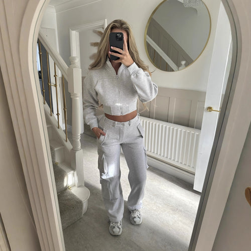 Damen modisches cropped Freizeit-Set mit funktionalem Reißverschluss und praktischen Taschen Drune