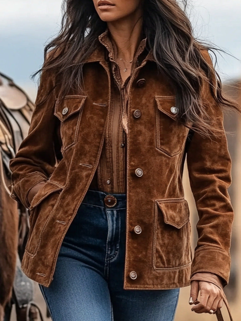 Damen Wildlederjacke im Westernstil mit Knopfleiste und Pattentaschen Drune