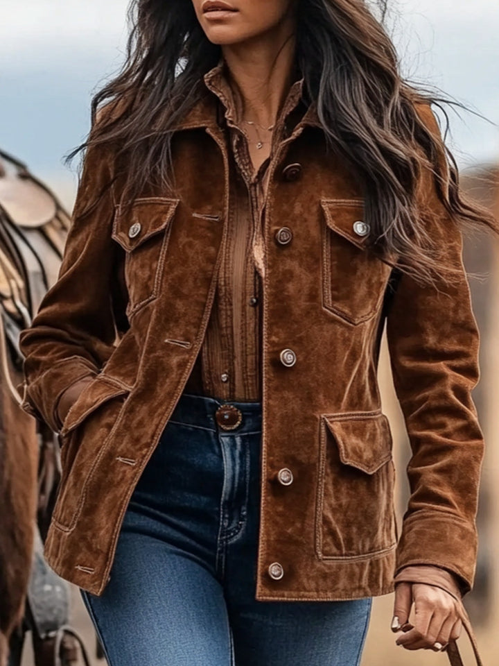 Damen Wildlederjacke im Westernstil mit Knopfleiste und Pattentaschen Drune