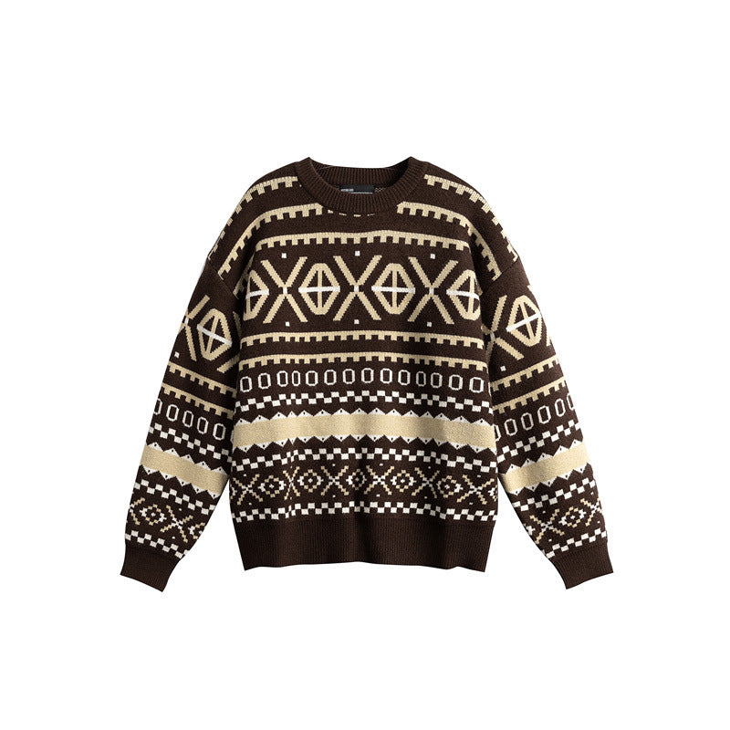 Unisex Gemusterter Grobstrickpullover im Norwegerstil mit Rundhals Drune