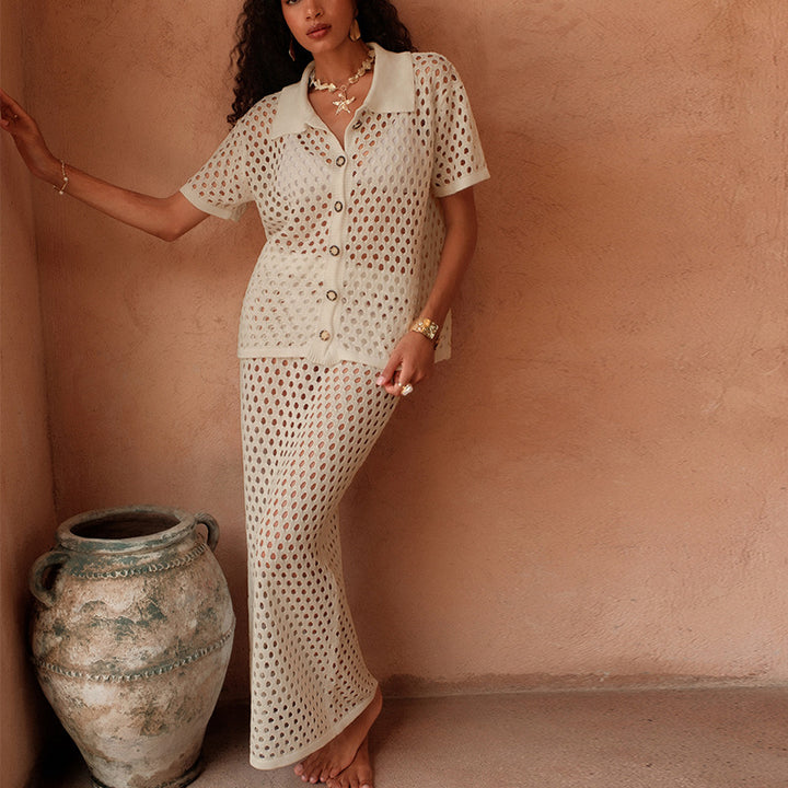 Damen Netz-Outfit mit dekorativer Knopfleiste und Elegantem Schnitt Drune