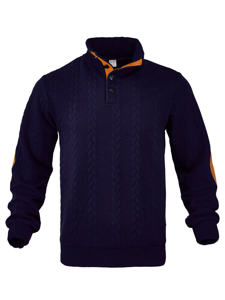 Herren nan Zopfmuster-Halbknopf-Pullover mit hohem Stehkragen und Wildleder-Ellbogenpatches Drune