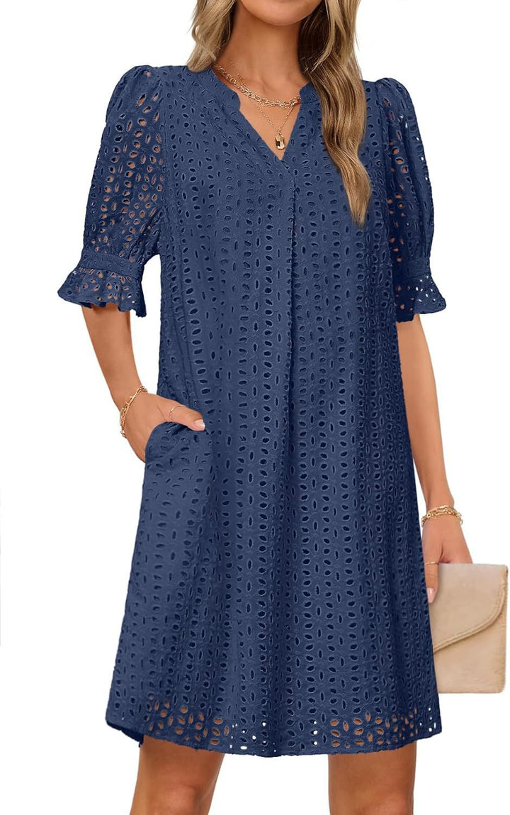 Damen luftiges Sommerkleid mit romantischem Lochmuster und praktischen Taschen Drune