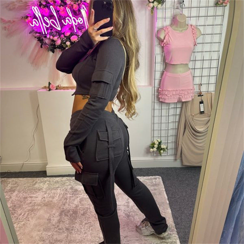 Damen modisches Kurzarm-Set mit praktischen Taschen Drune