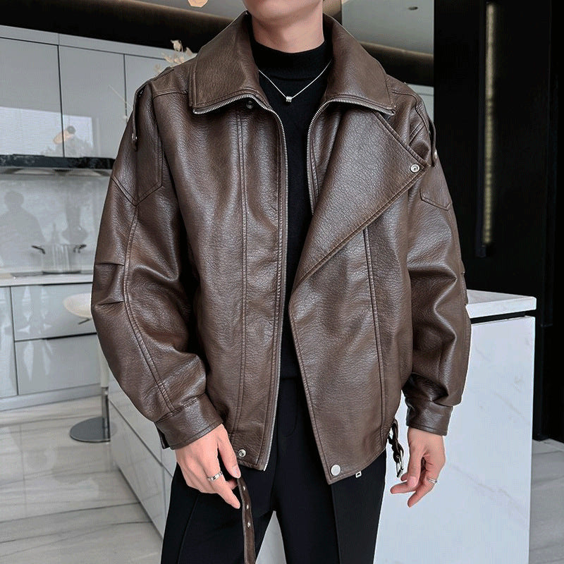 Herren Oversized Lederjacke mit weitem asymmetrischen Revers und Taillengürtel Drune