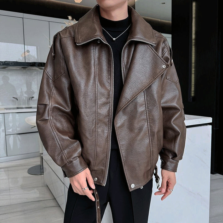 Herren Oversized Lederjacke mit weitem asymmetrischen Revers und Taillengürtel Drune