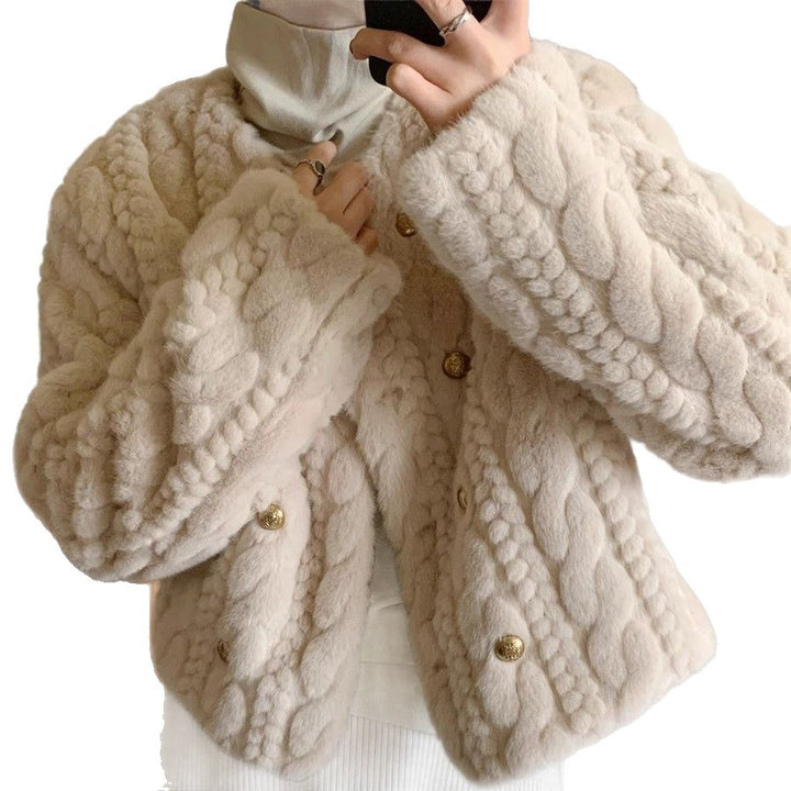 Damen Flauschige Strickjacke mit Goldknopfdetails Drune