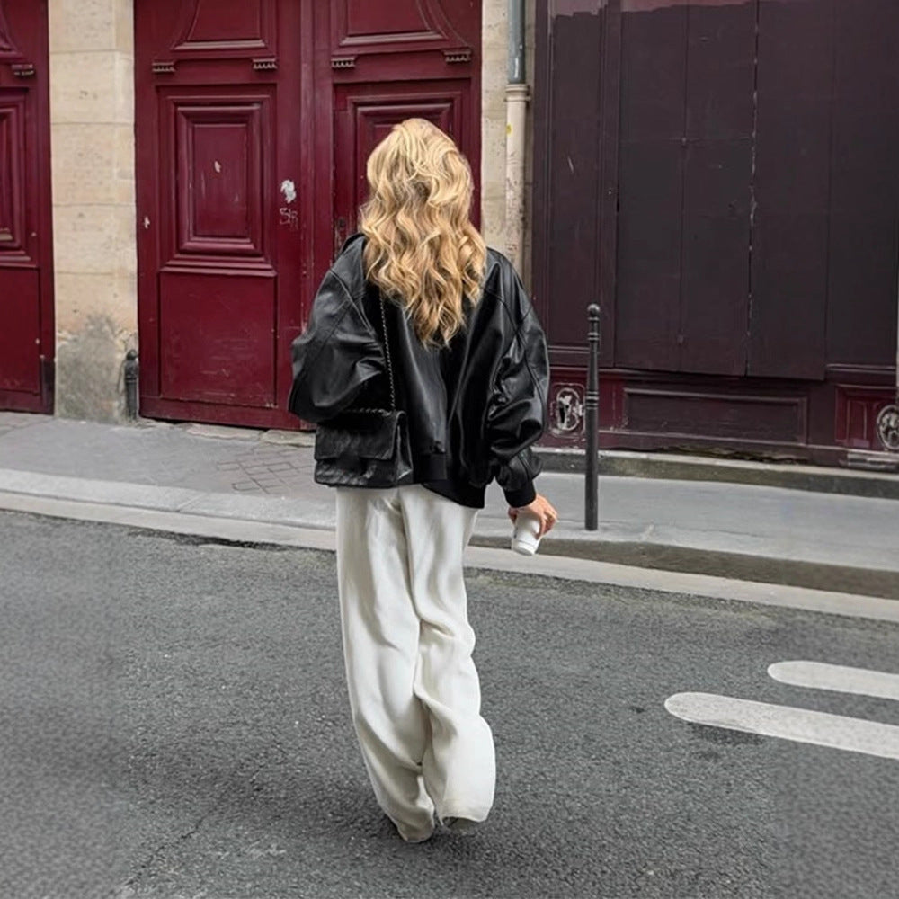 Damen Boxy-Lederimitat-Blouson mit Stehkragen und gerafften Bündchen Drune