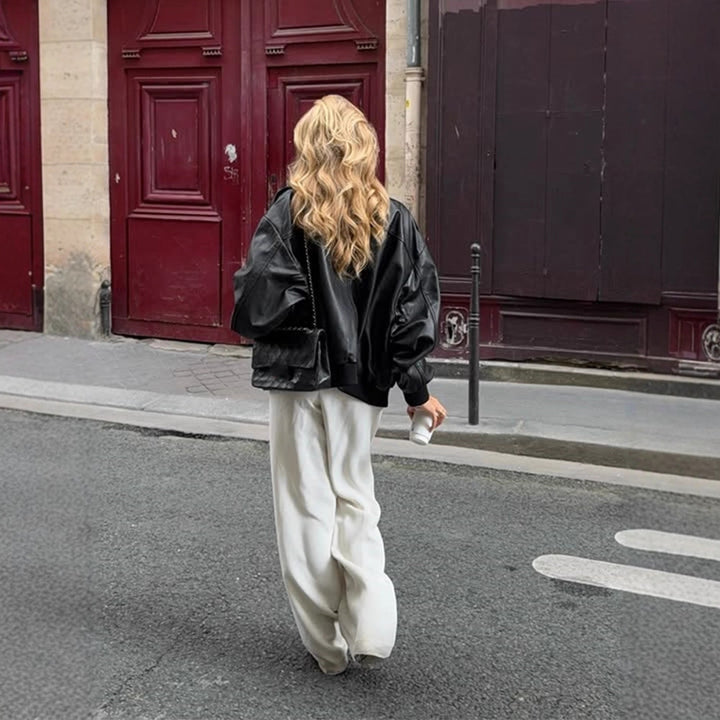 Damen Boxy-Lederimitat-Blouson mit Stehkragen und gerafften Bündchen Drune