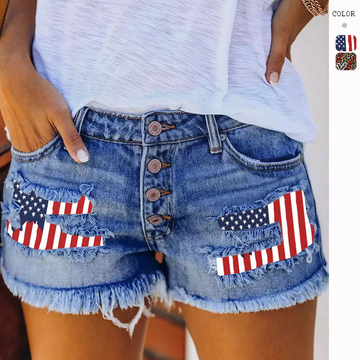 Damen Jeans-Shorts mit Vintage-Style und flaggenmotivierten Applikationen Drune