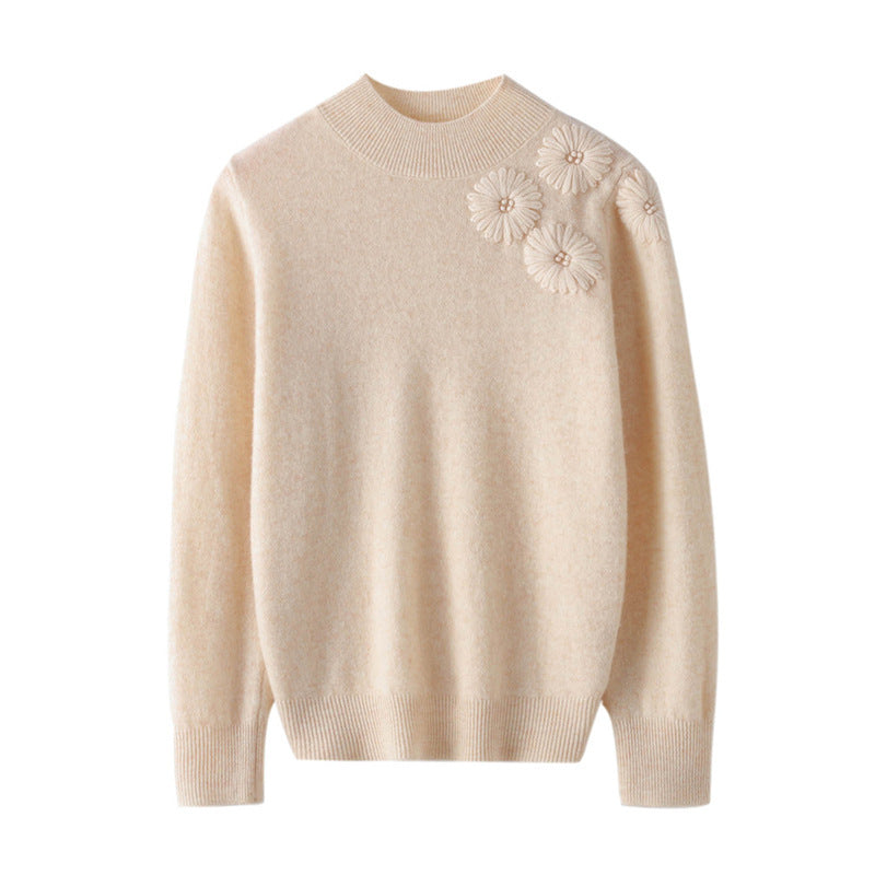 Damen Weicher Feinstrickpullover mit kurzem Stehkragen, 3D‑Blütenapplikation und gerippten Bündchen Drune