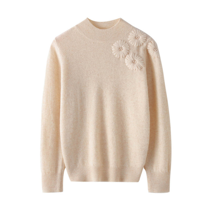 Damen Weicher Feinstrickpullover mit kurzem Stehkragen, 3D‑Blütenapplikation und gerippten Bündchen Drune