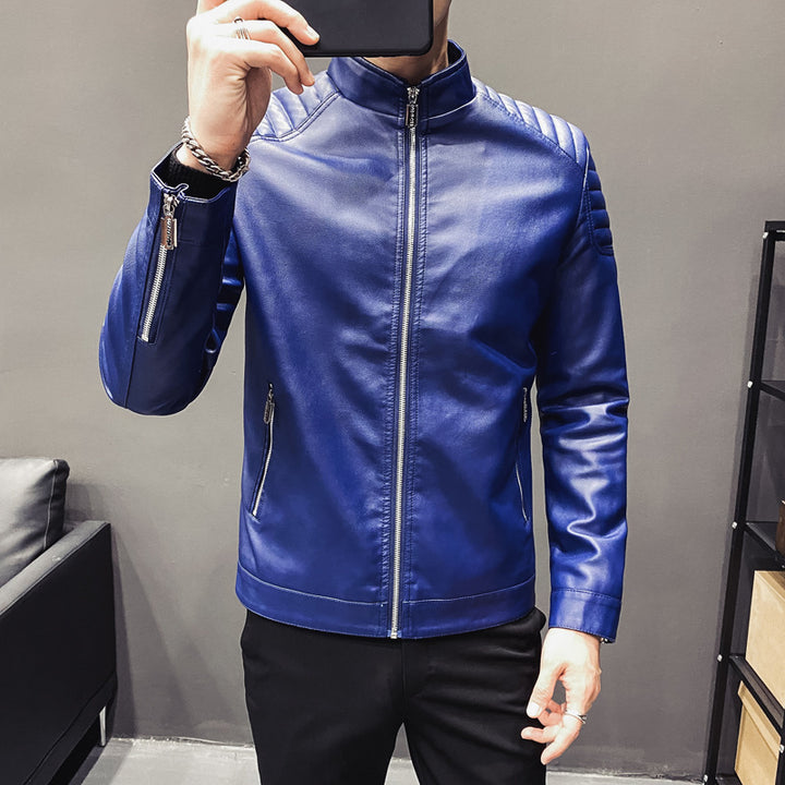 Herren schlanker Kunstleder-Moto-Blouson mit ergonomischen Nähten, Rippenstepp an Schultern und verdeckten Reißverschlusstaschen Drune