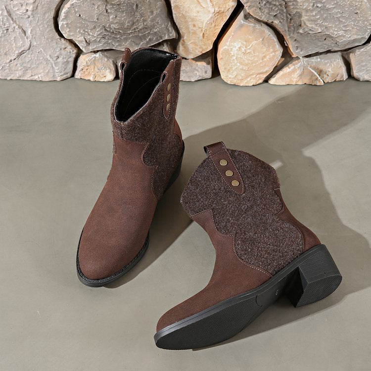 Damen Modische Cowboy-Stiefeletten mit geschmackvollen Details und robustem Blockabsatz Drune