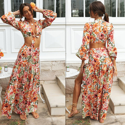 Damen Boho-Chic Maxikleid mit Volant und Puffärmeln Drune
