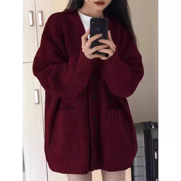 Damen Oversize Strickcardigan mit aufgesetzten Taschen und durchgehender Knopfleiste Drune
