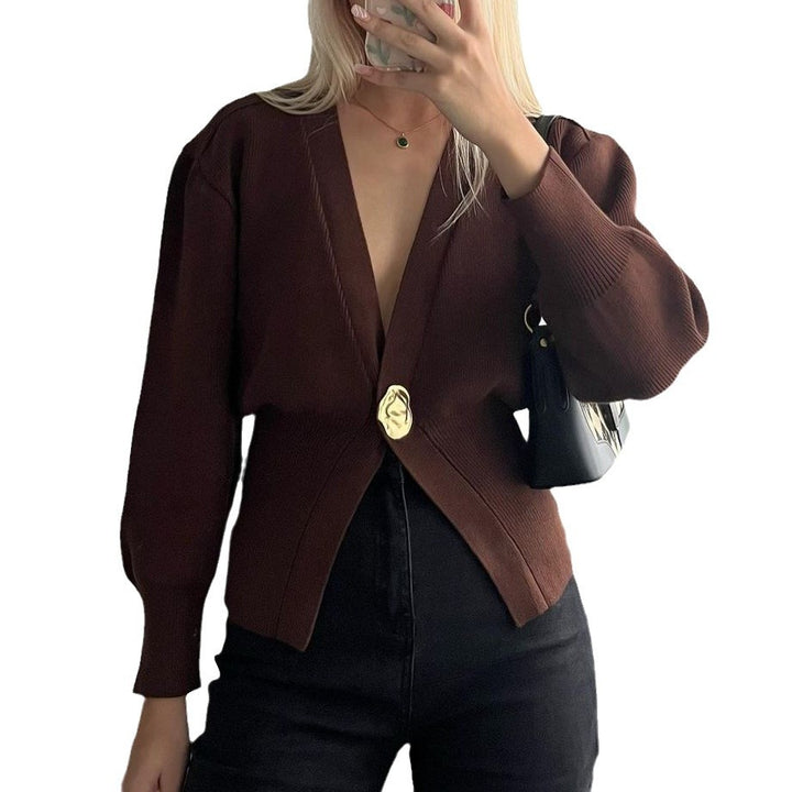 Damen modischer Strickcardigan mit tiefem V-Ausschnitt und dekorativem Knopf Drune